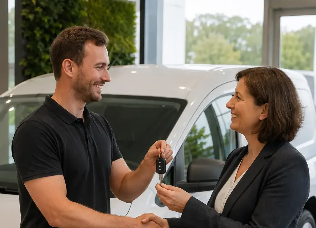 Conseiller LUV remettant les clés d'un véhicule utilitaire à un client professionnel